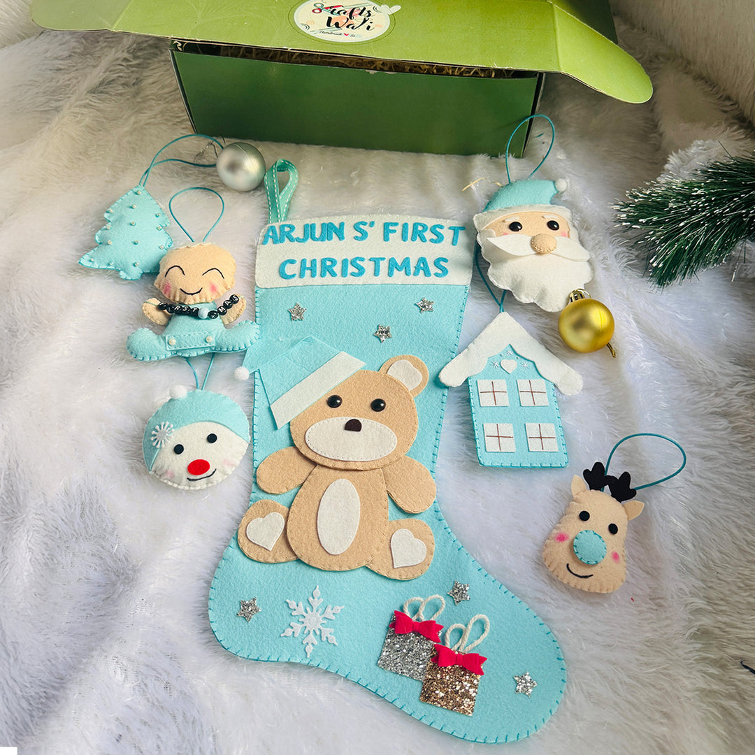 Personalized My First Christmas Felt Hamper | Includes 1 Stocking, 6 Ornaments