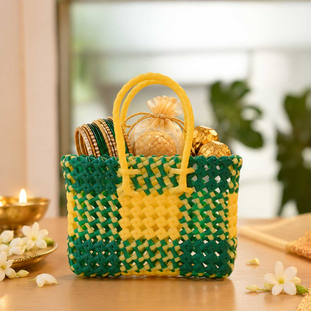 Handwoven Green & Beige Small Plastic Wire Koodai Bag For Festive Return Gifts