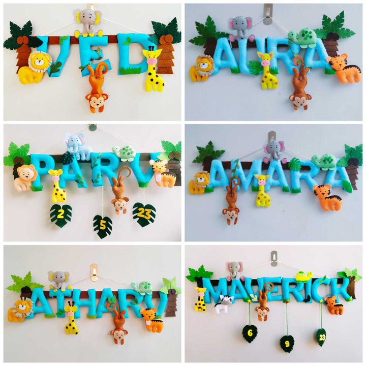 Personalized Blue Jungle Theme Felt Kids Name Plate