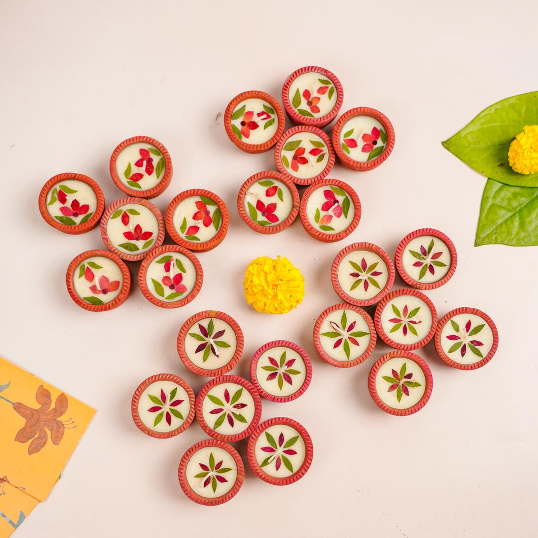 24 Diyas | Handmade Soy Wax & Dry Flower Festive Diyas | 12 Boxes, 2 Diyas per Box