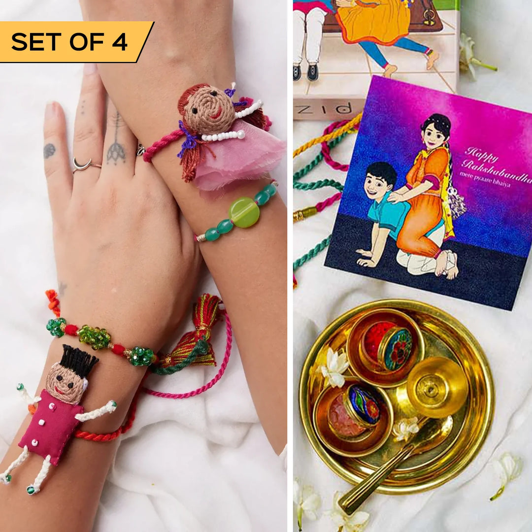 4 pc Rakhi + Brass Thali Set | Premium Pintu Chintu Rakhi Set with Roli Chawal
