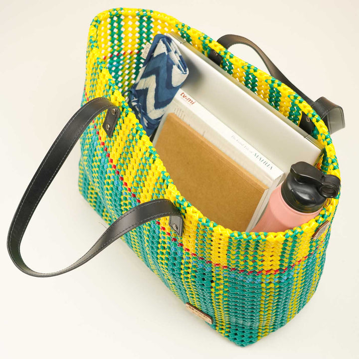 Green And Yellow Stripes Mukhya Knot Handmade Koodai Beach Bag