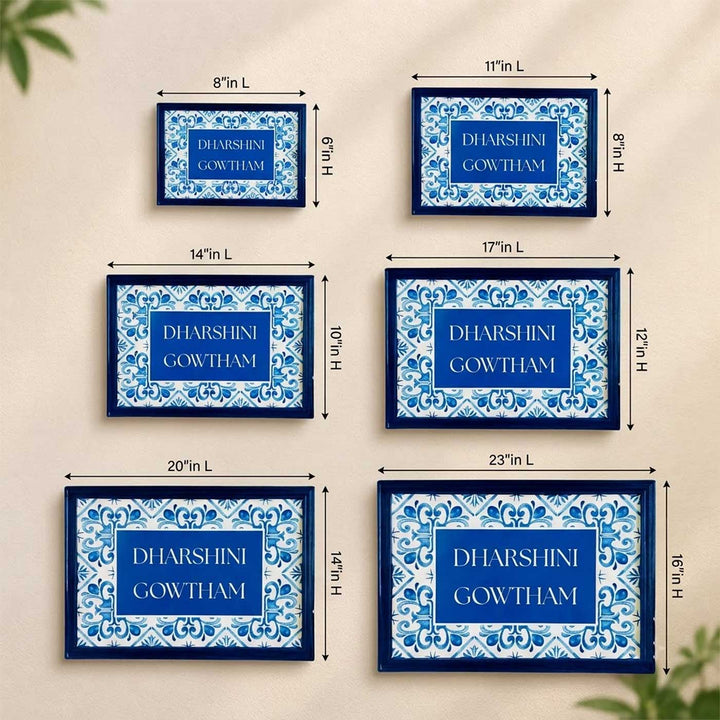 Blue Tile Vintage Personalized Rectangle Resin & Teak Wood Frame Name Plate For Home