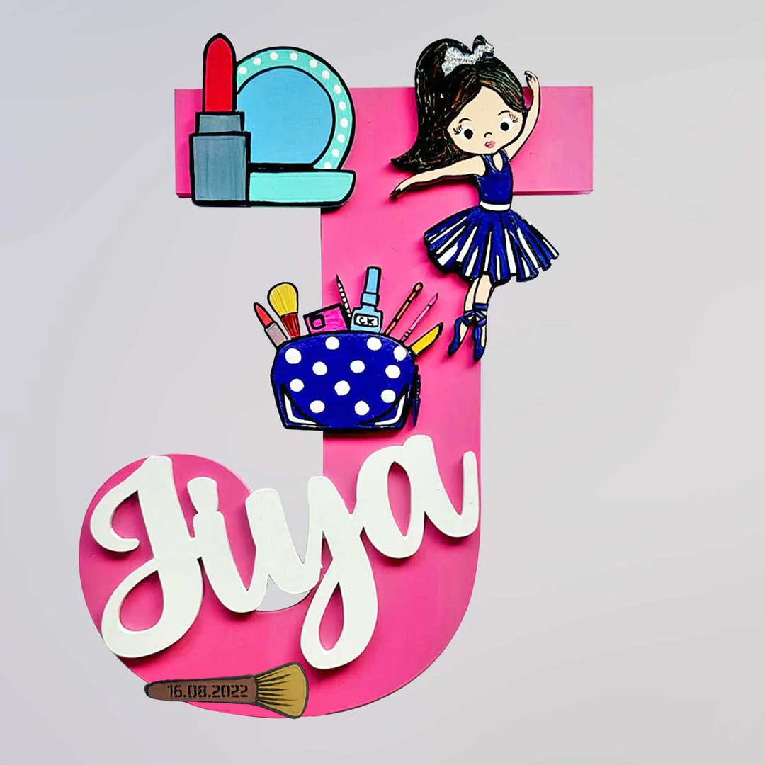 Handcrafted Personalized Kids Makeup Themed Monogram Mdf Nameplate 5 - Front View with Personalized Decorations