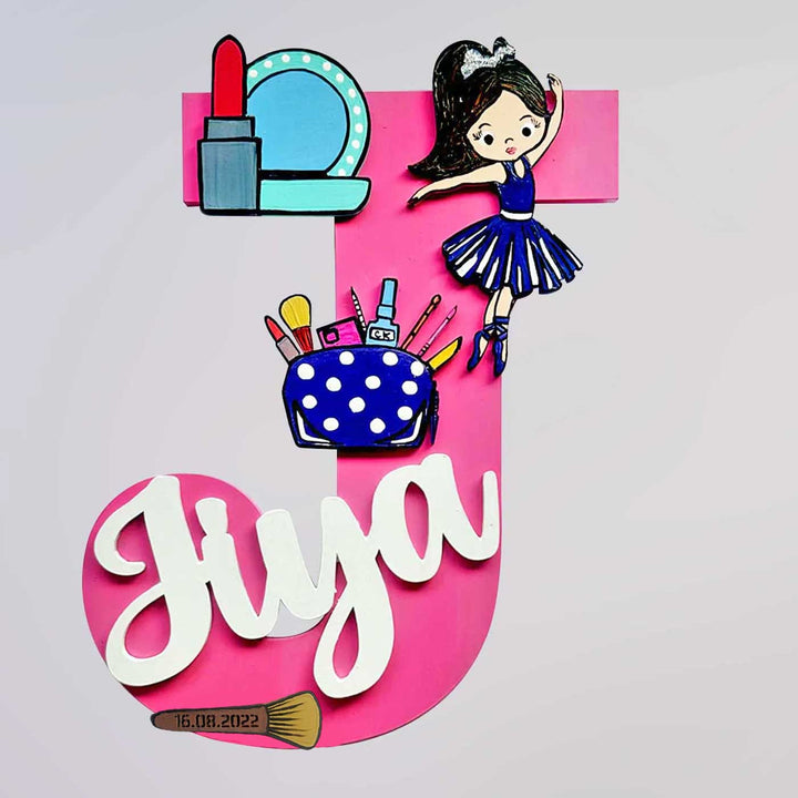 Handcrafted Personalized Kids Makeup Themed Monogram Mdf Nameplate 5 - Front View with Personalized Decorations