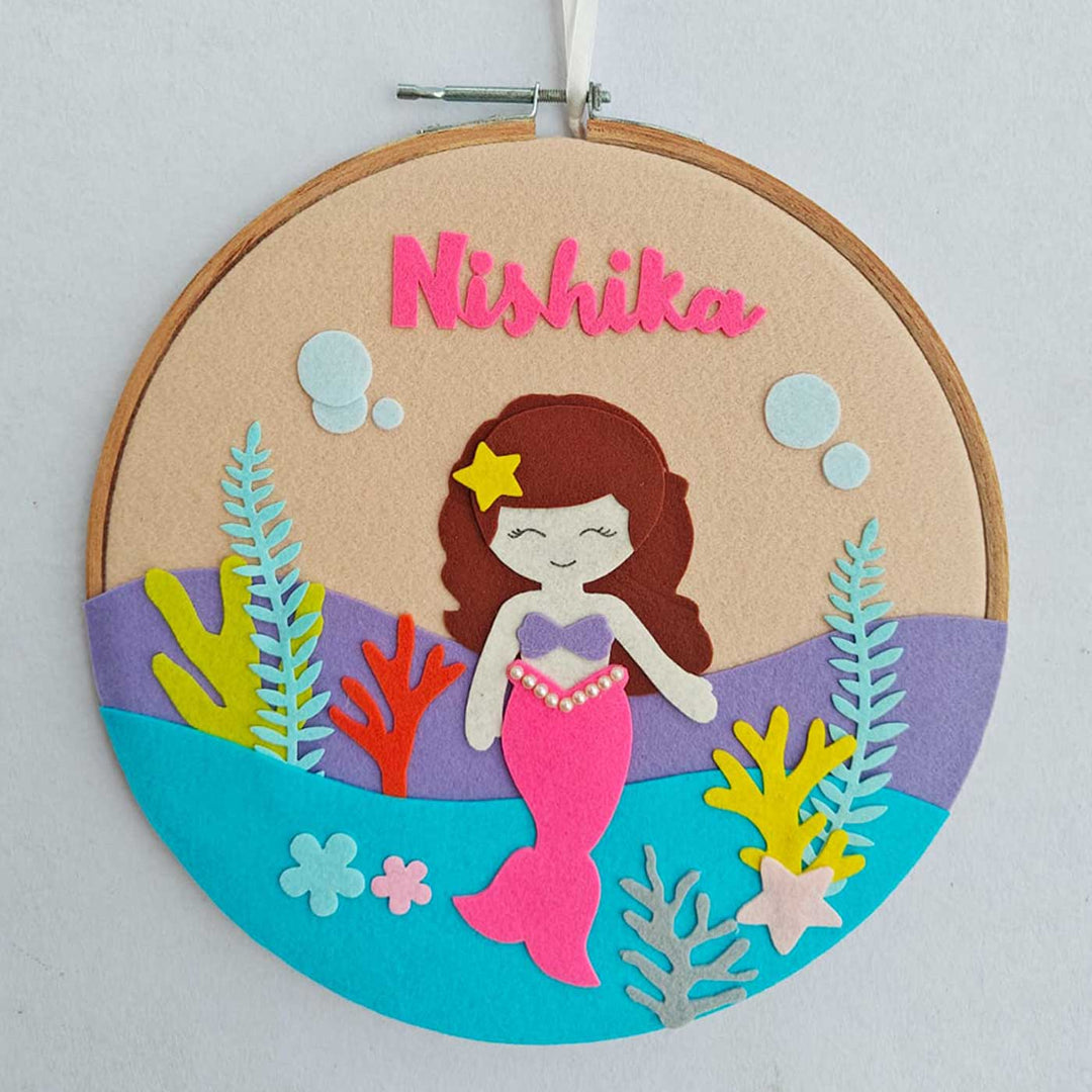 Personalized Handmade Pink Mermaid Theme Felt Hoop Name Plate - Front View Hanging on Wall