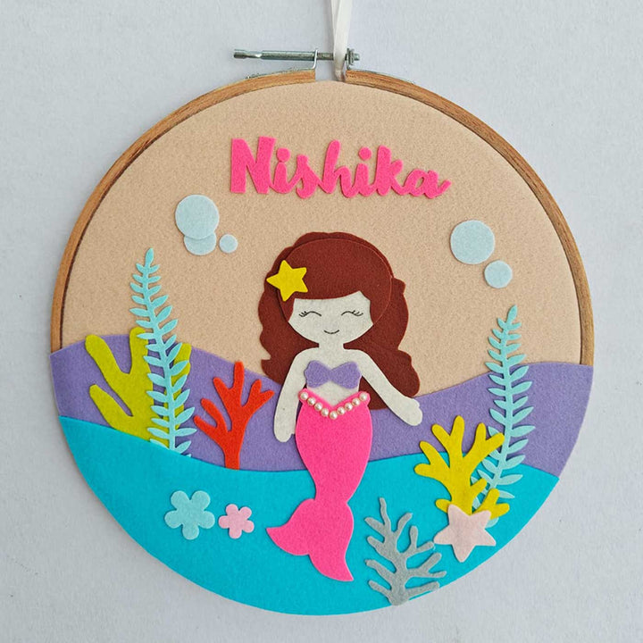 Personalized Handmade Pink Mermaid Theme Felt Hoop Name Plate - Front View Hanging on Wall