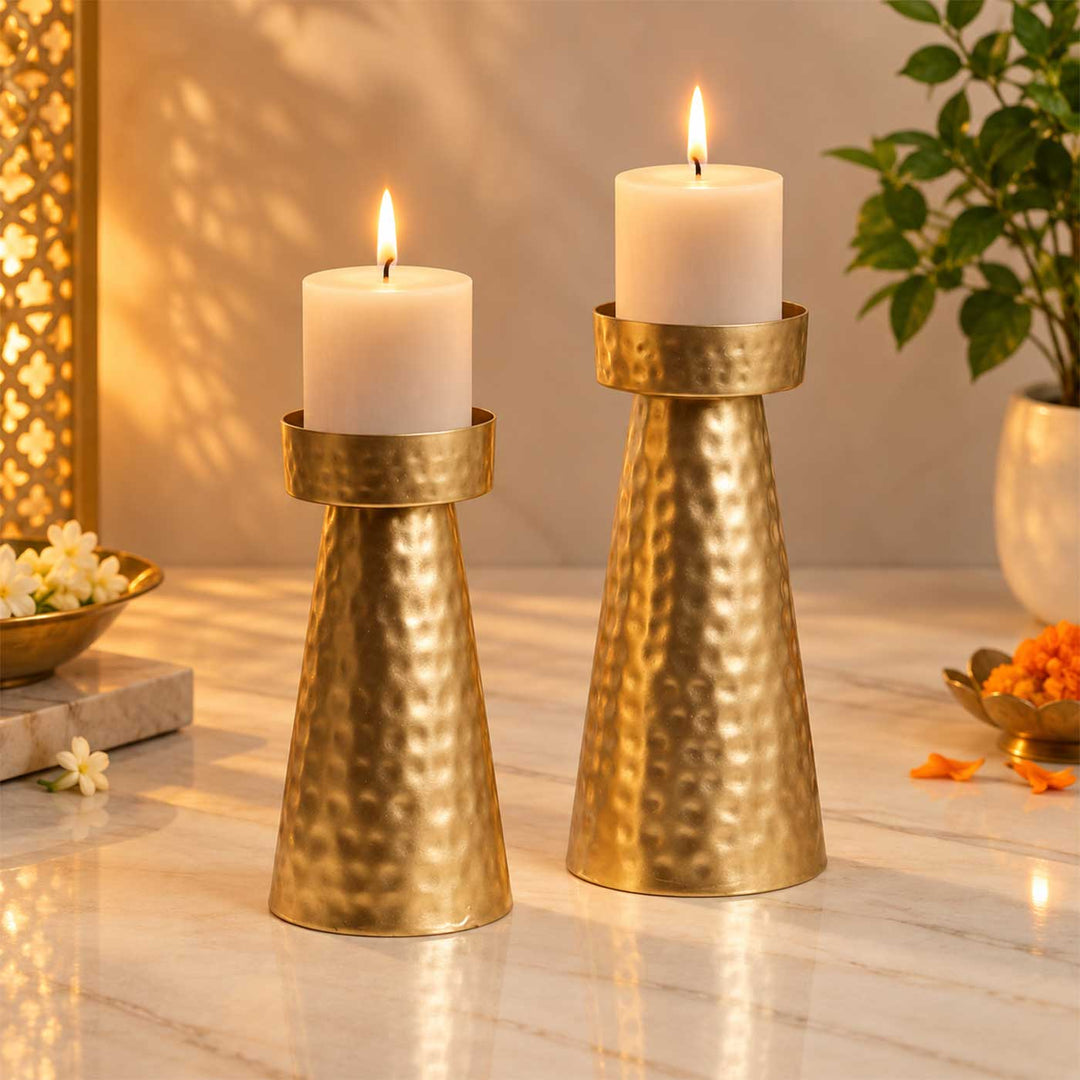 Set of 2 | Handmade Gold Hammered Cone Metal Tealight Holders For Festive Decor