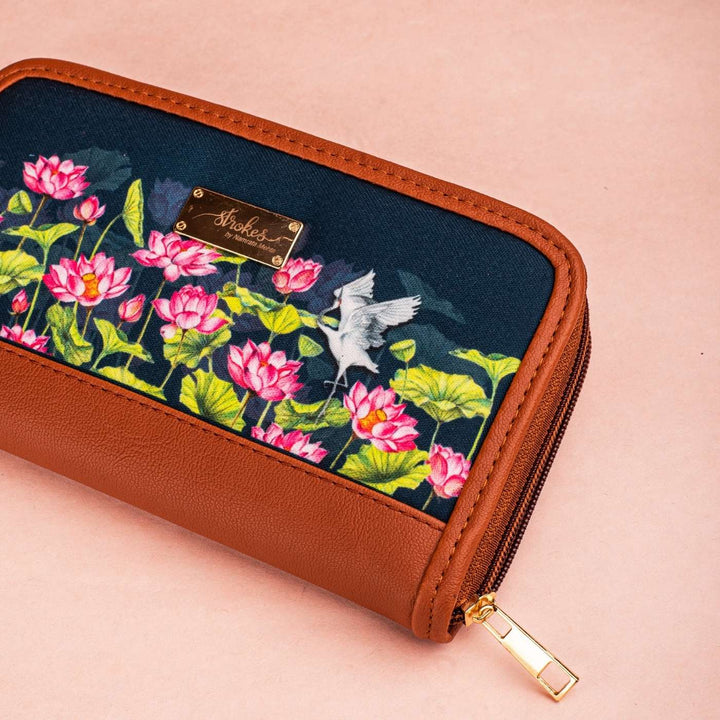 Lotus Field Vegan Leather Zipper Wallet