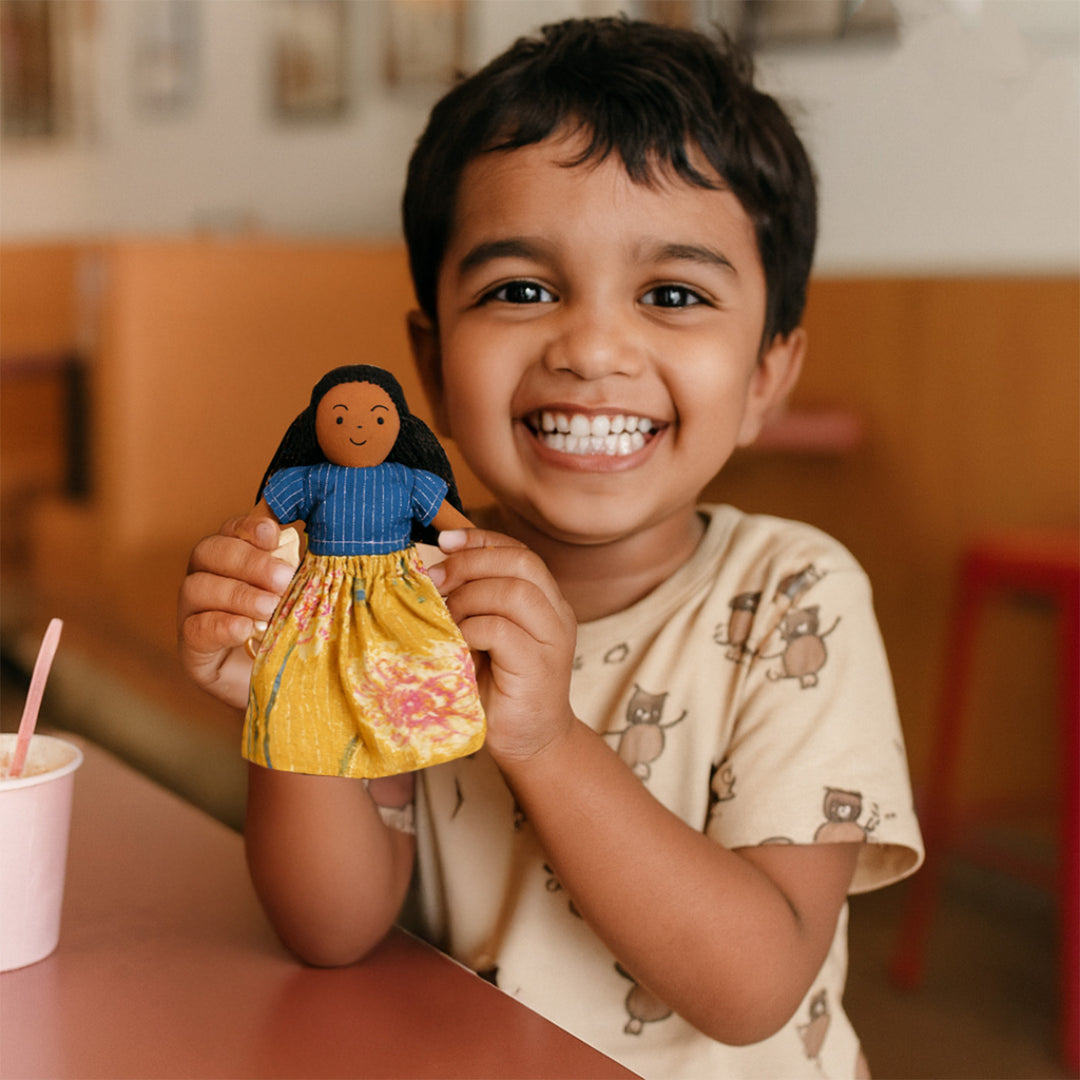 Nilah's (Younger Sister) Malar In Blue & Yellow Dress | Soft Hand-Stitched Sustainable Indian Play Doll