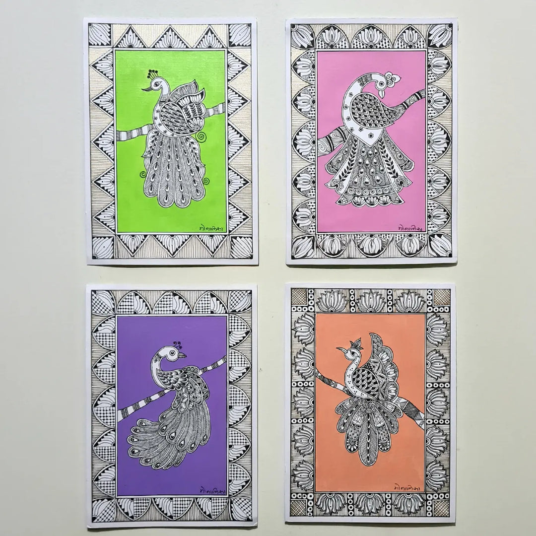 8 x 5 Inch | Peacock In Four Frames | Original Hand Painted Madhubani Painting On Paper
