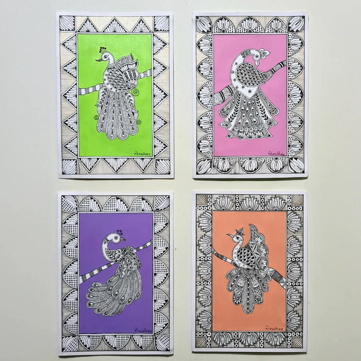 8 x 5 Inch | Peacock In Four Frames | Original Hand Painted Madhubani Painting On Paper