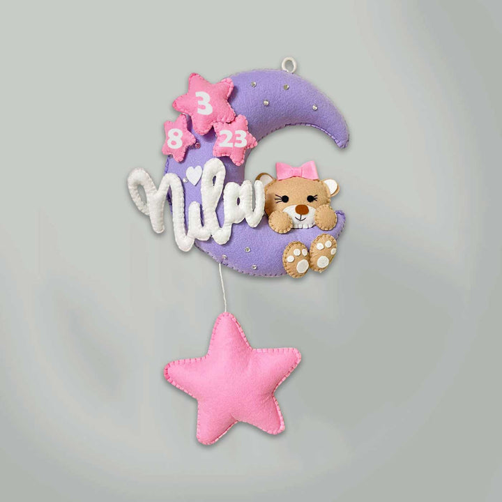 Handmade Teddy On The Moon Kids Felt Name Hanging - Front View Hanging on Loop