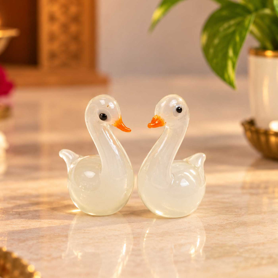 Set of 2 | Handmade Blown Glass White Swan Miniature Figurine For Decor