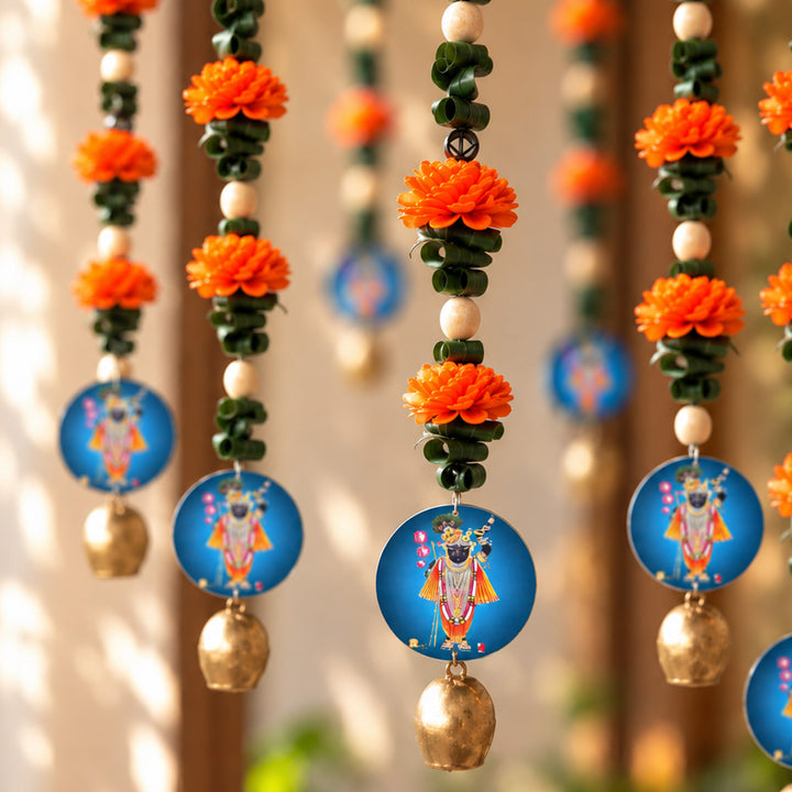 Handmade Divine Blue Krishna With Shola Flowers Wooden Hanging
