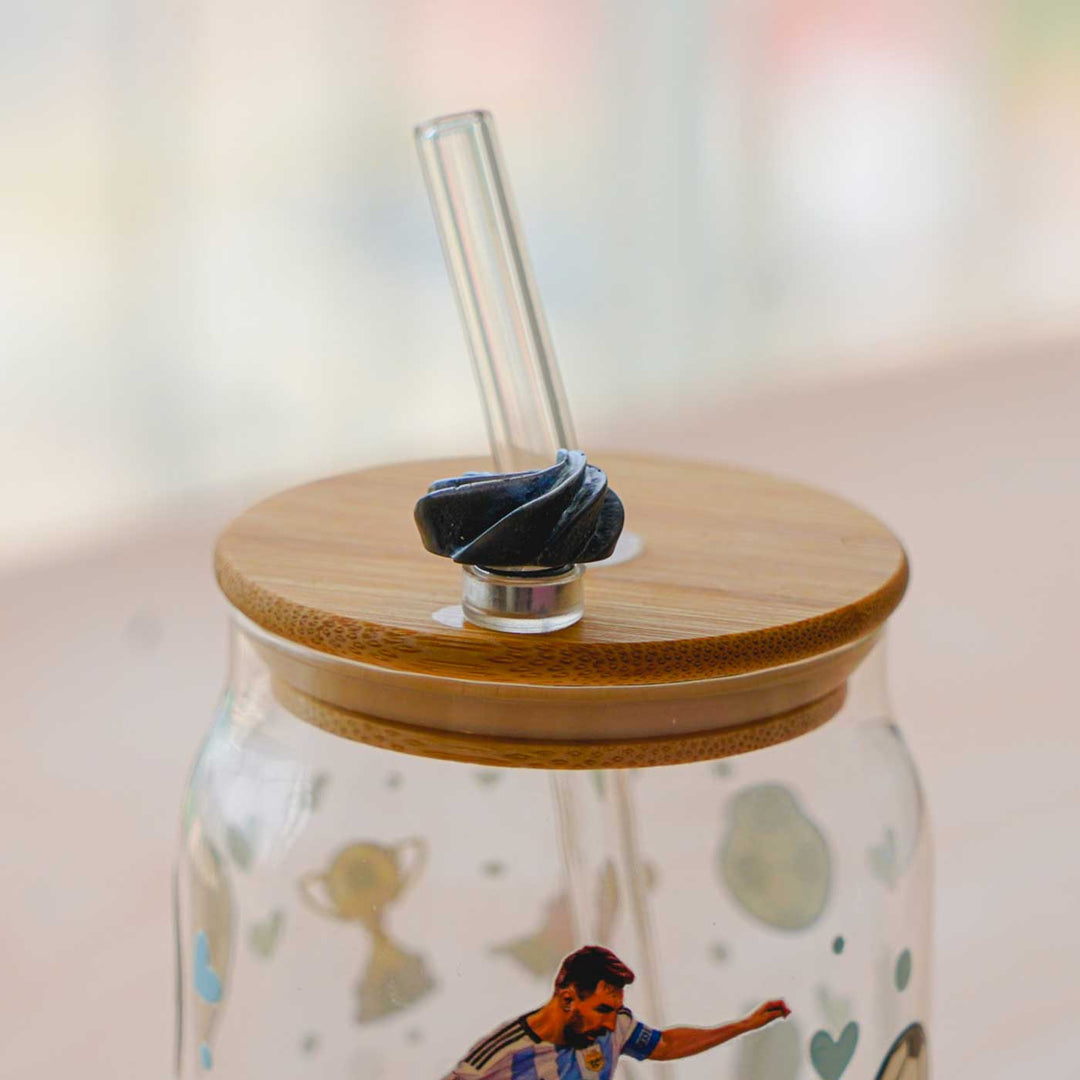 Cute Printed "Messi" Theme Glass Tumbler With Straw For Kids