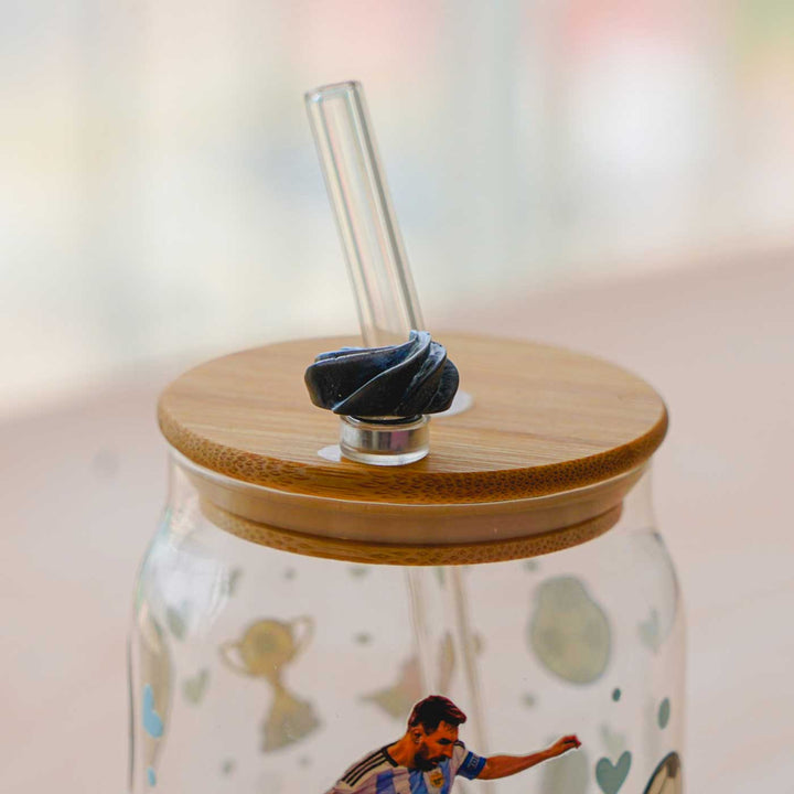 Cute Printed "Messi" Theme Glass Tumbler With Straw For Kids