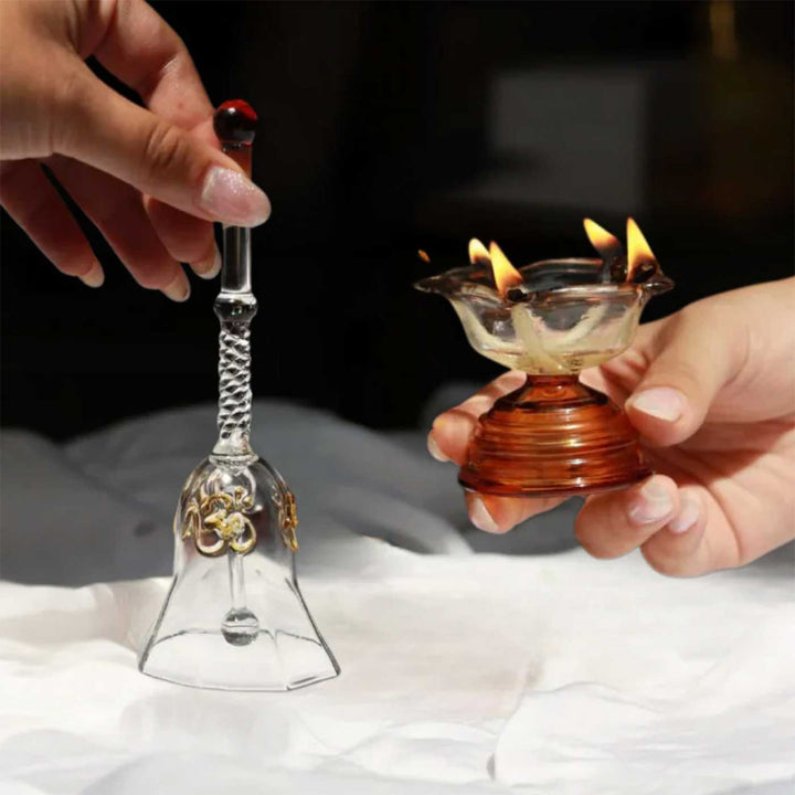 Durable Glass Short Prayer Gift Hamper | Includes Diya And Ringing Bell