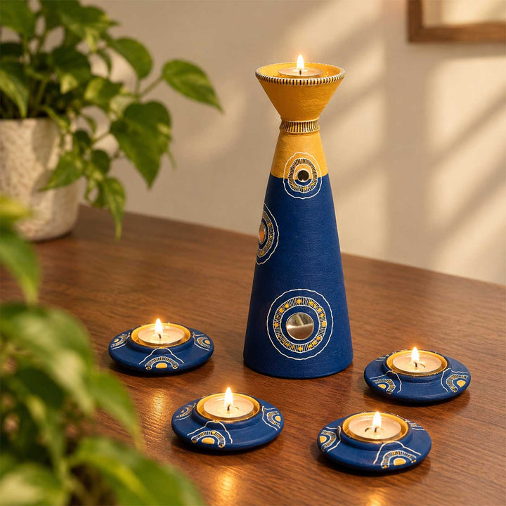 Set of 5 | "Blue Rhythm" Hand-Painted Terracotta Disc & Long Diya Tealight Holders For Festive Decor
