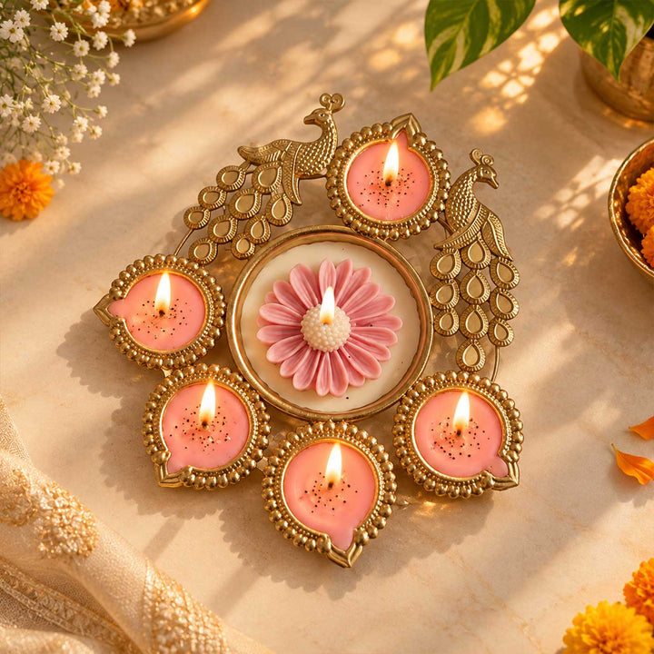 Handmade Daisy Peacock Motif Oud Scented Soy Wax Urli Candle For Festive Decor