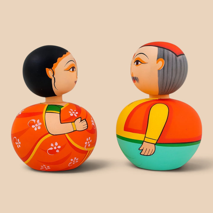 Set of 2 | Hand-Painted Orange & Teal Bobble Head Couple Wooden Golu Dolls For Gifting & Decor
