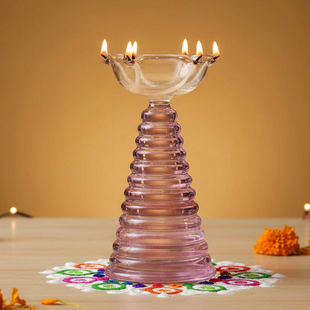 Handmade Pink Tall Borosil Glass Oil Lamp / Diya | 5.9  inch