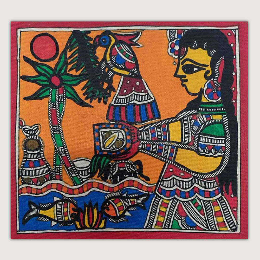 7 x 7 Inch | Life by the Riverbank | Original Hand Painted Madhubani Painting | Natural Pigments On Paper