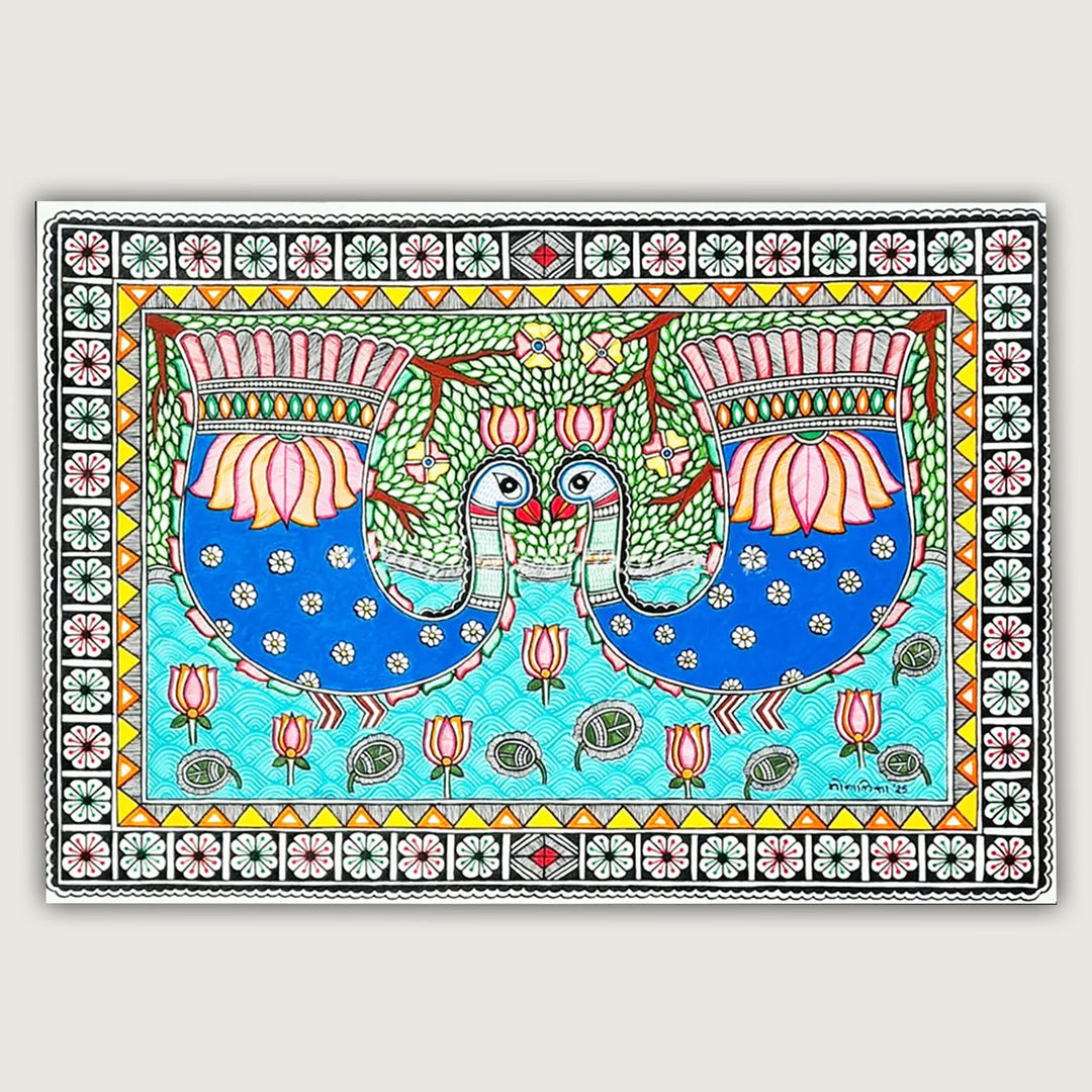 11 x 16 Inch | Duo Dancing In Bloom | Original Hand Painted Madhubani Painting On Paper