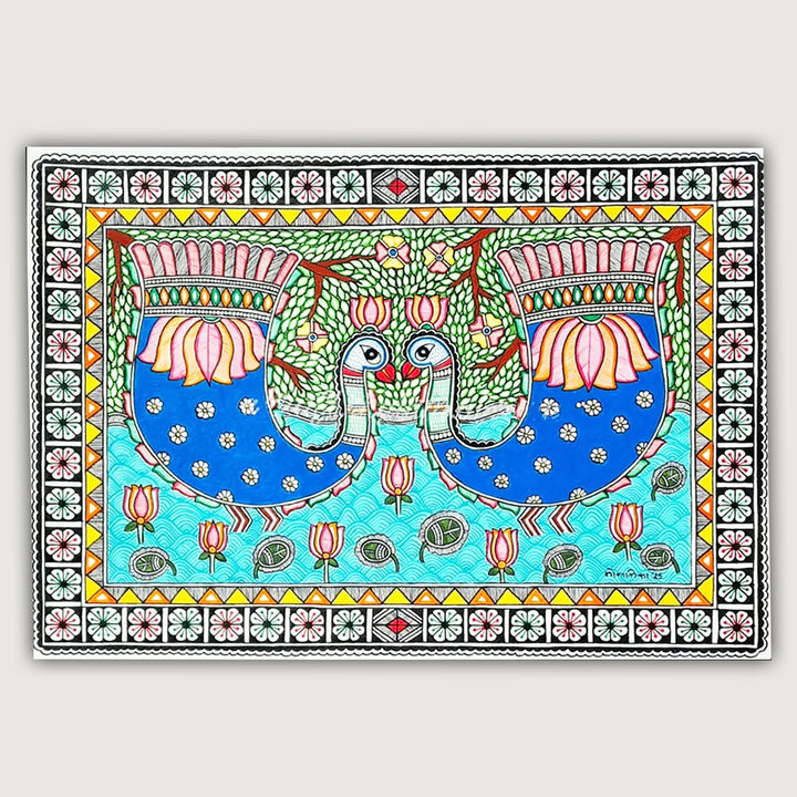 11 x 16 Inch | Duo Dancing In Bloom | Original Hand Painted Madhubani Painting On Paper