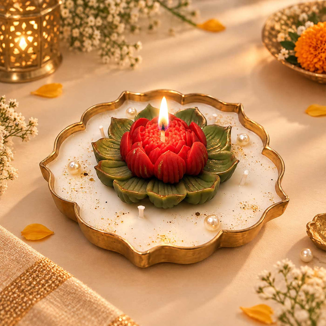 Handmade Lotus Soy Wax Scented Iron Urli Candle For Festive Decor