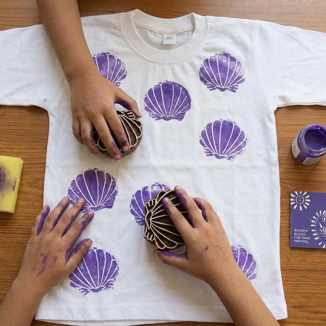 Shell Design T-shirt Block Print DIY Kit | 1 White Cotton T-shirt, 1 Fabric Paint And 1 Wooden Block