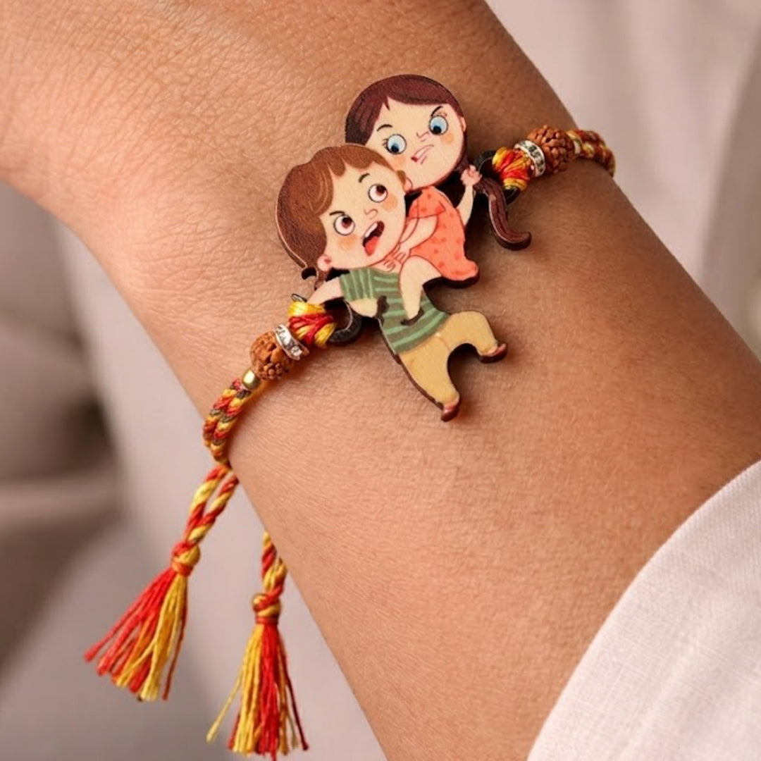 Handmade Printed Annoying Brother Wooden Rudraksha Rakhi With Roli Chawal