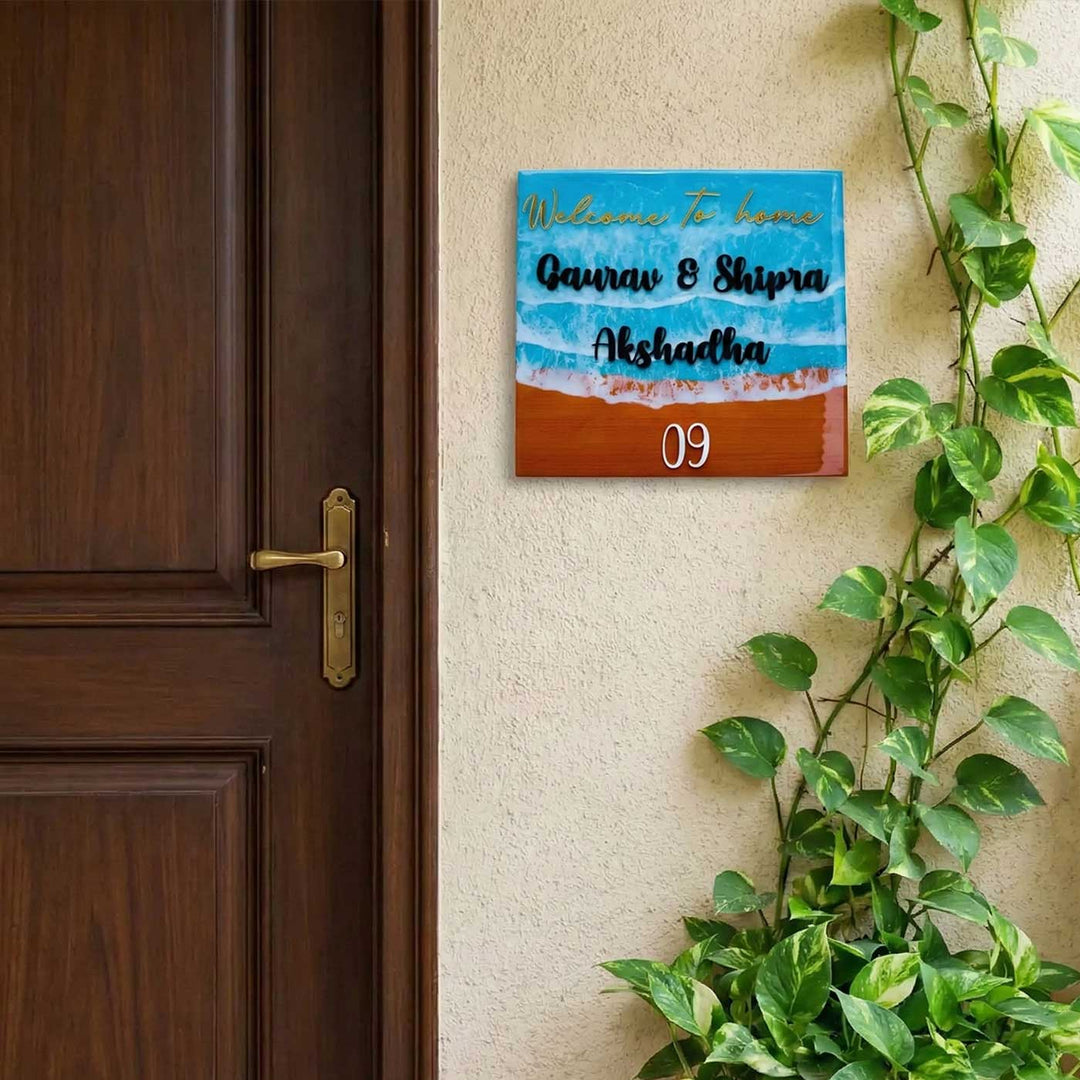 Light Blue Personalized Beach Effect Rectangle Resin Name Plate | With 3D Acrylic Letters