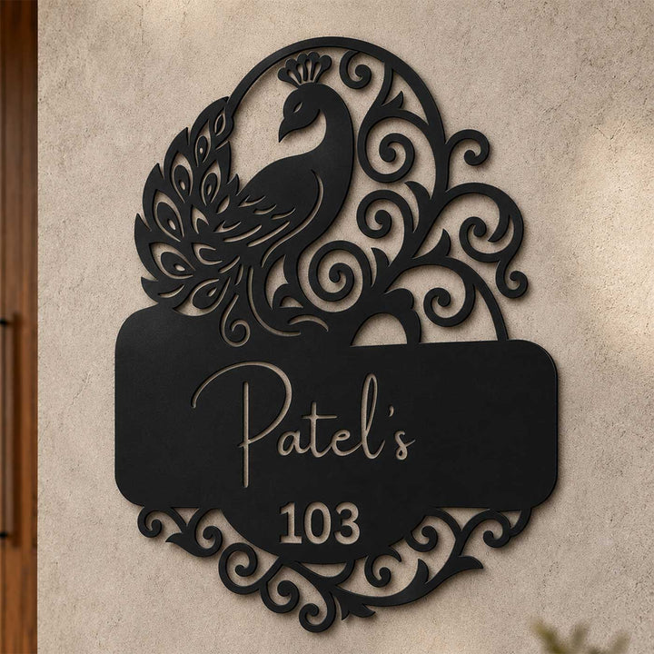 "Royal Plume" Personalized Weatherproof Stainless Steel Name Plate With Peacock Motif For Home