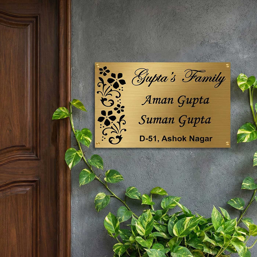 Floral Engraved Personalized Golden Metal Name Plate | Rectangular, Outdoor, Weather Proof