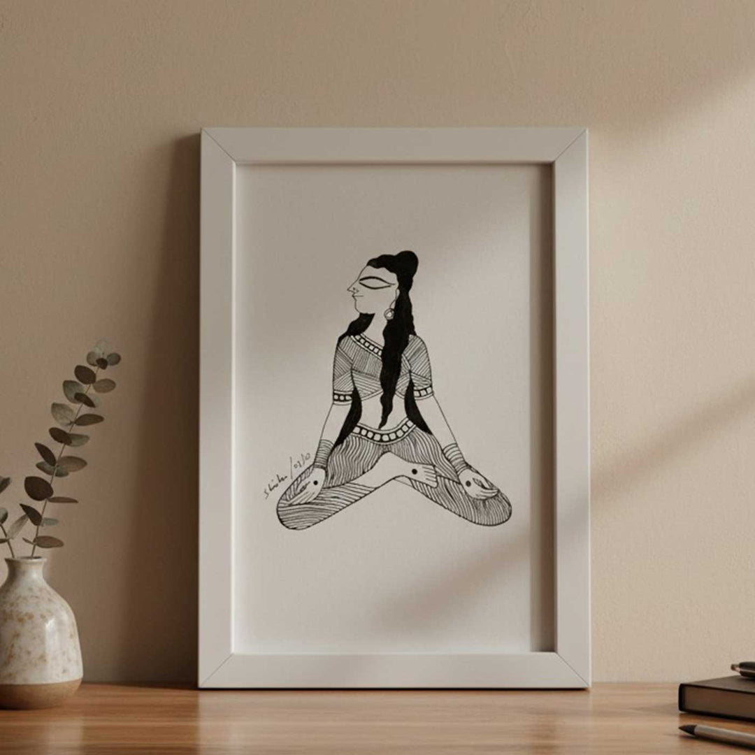 6 x 9 Inch | Sukhsan Yoga Pose | Minimalist Black & White Mudhubani Style Line Drawing With Frame