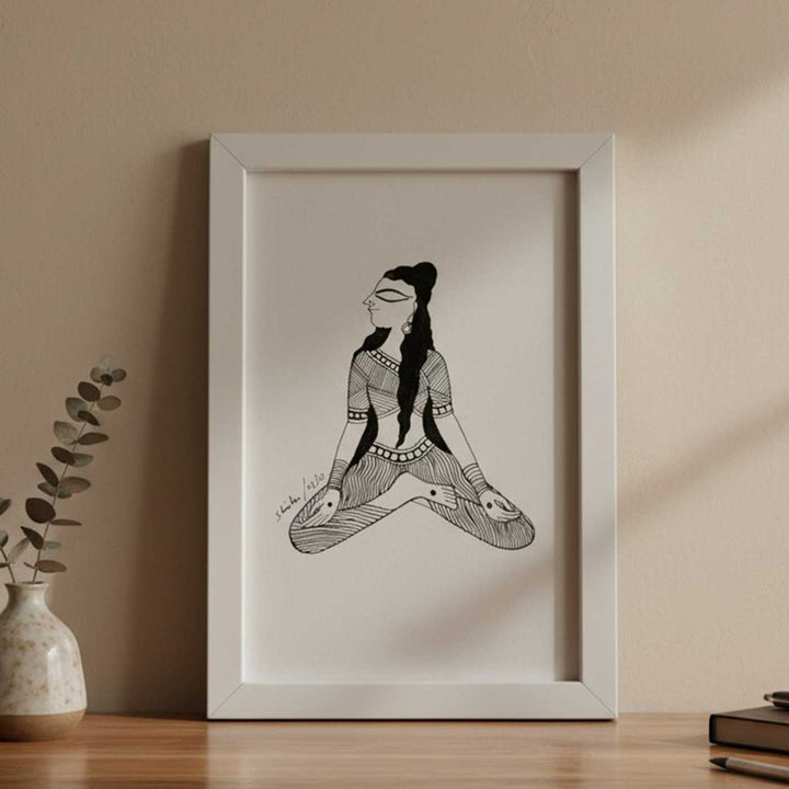 6 x 9 Inch | Sukhsan Yoga Pose | Minimalist Black & White Mudhubani Style Line Drawing With Frame