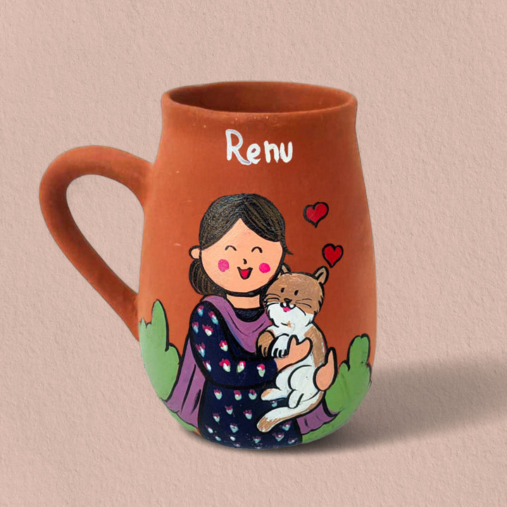 Handpainted Terracotta Mug With Pet Mom Avatar Illustrations