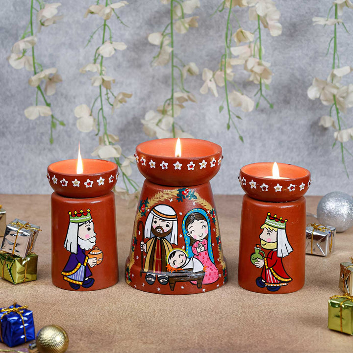 3 Pc | Hand Painted Holy Family Terracotta Tealight Holder Set
