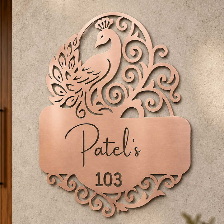 "Royal Plume" Personalized Weatherproof Stainless Steel Name Plate With Peacock Motif For Home