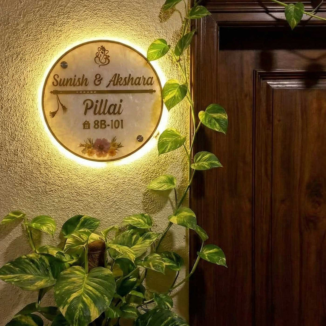 White Minimal Floral Resin Circular Personalized Name Plate With Back Light