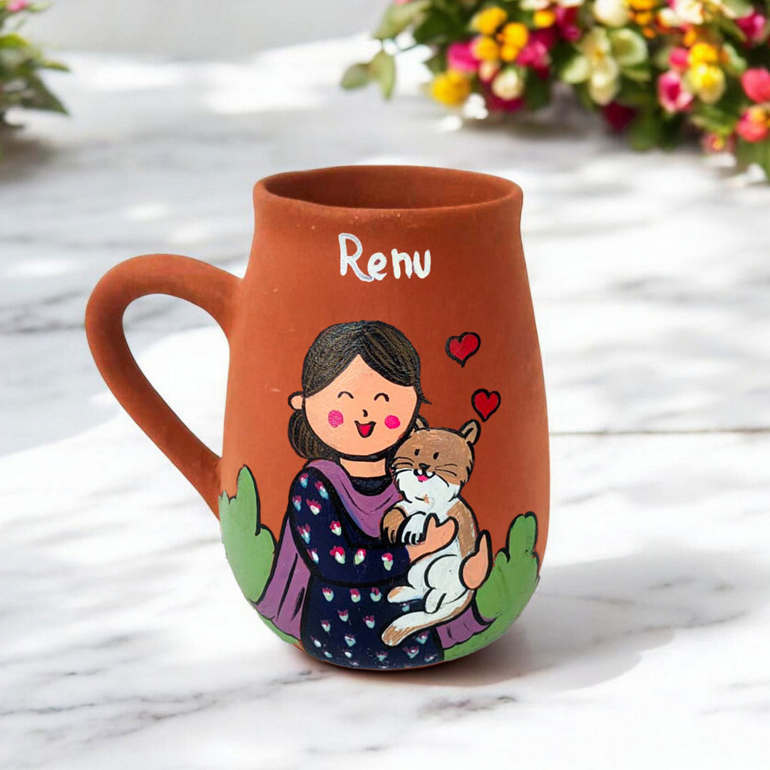 Handpainted Terracotta Mug With Pet Mom Avatar Illustrations