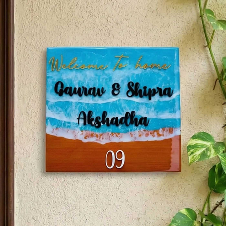 Light Blue Personalized Beach Effect Rectangle Resin Name Plate | With 3D Acrylic Letters