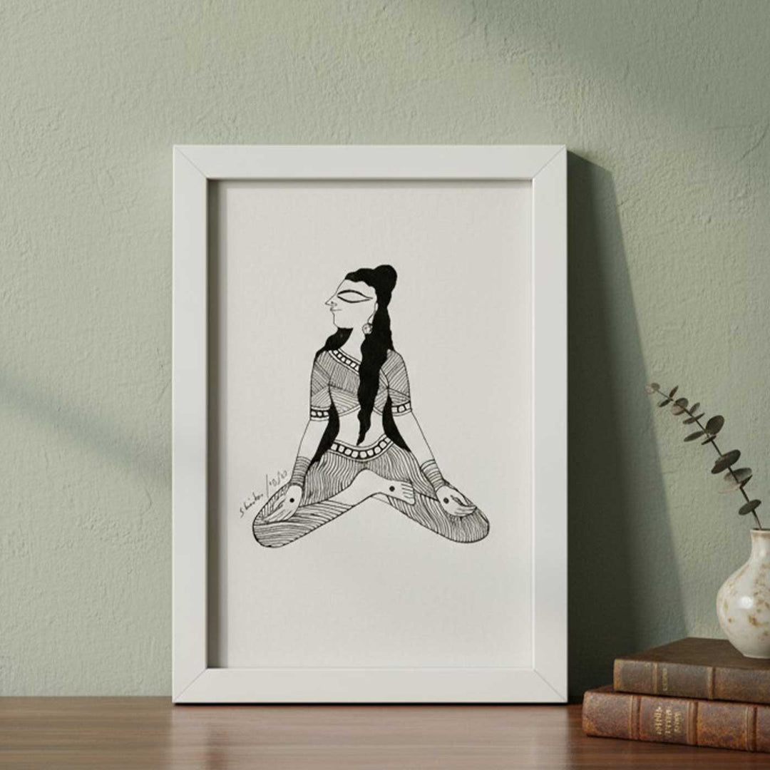 6 x 9 Inch | Sukhsan Yoga Pose | Minimalist Black & White Mudhubani Style Line Drawing With Frame