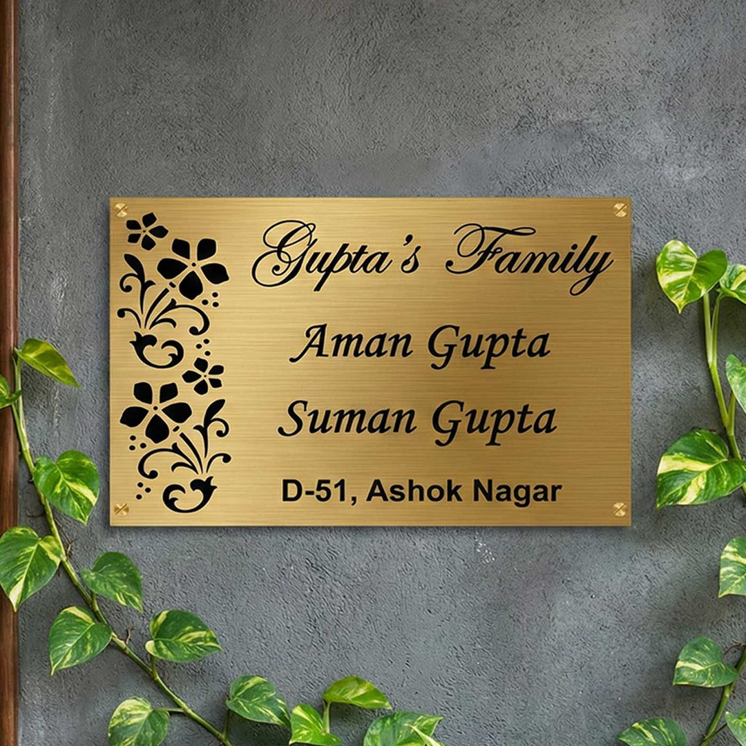 Floral Engraved Personalized Golden Metal Name Plate | Rectangular, Outdoor, Weather Proof