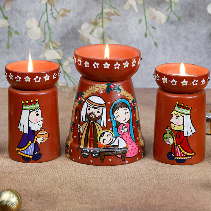3 Pc | Hand Painted Holy Family Terracotta Tealight Holder Set