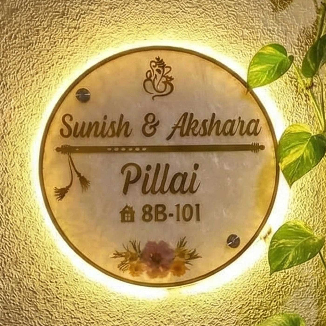 White Minimal Floral Resin Circular Personalized Name Plate With Back Light