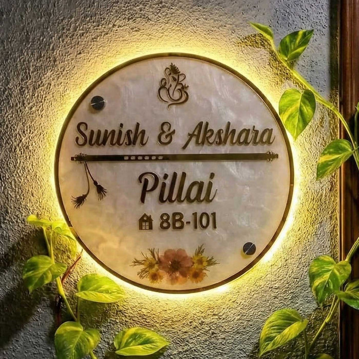 White Minimal Floral Resin Circular Personalized Name Plate With Back Light