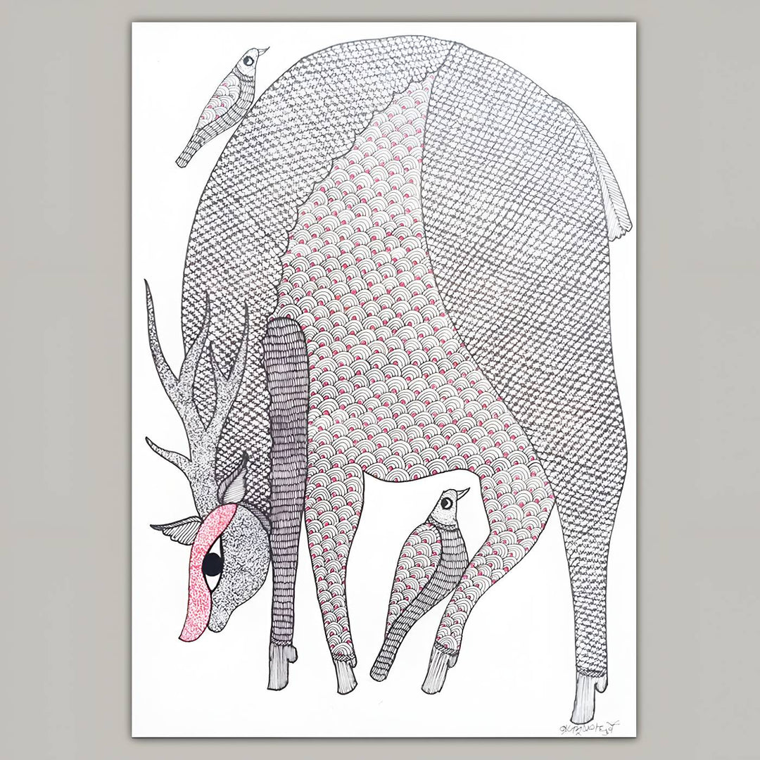 11 x 16 Inch | Deer & Bird Bond | Original Hand Painted Tribal Gond Art Painting | Acrylic Paint On Paper