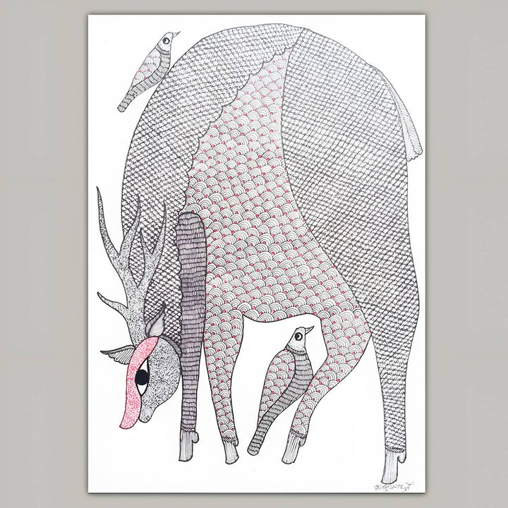 11 x 16 Inch | Deer & Bird Bond | Original Hand Painted Tribal Gond Art Painting | Acrylic Paint On Paper